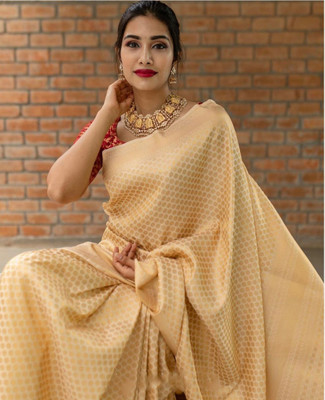 Rudr Venture Self Design Banarasi Cotton Silk Saree(Beige)