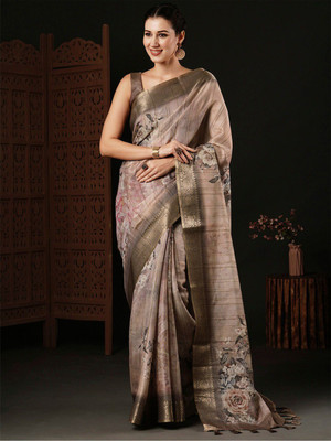 ANOUK Floral Print Chinnalapattu Silk Blend Saree(Beige, Brown)