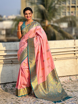 all about you Woven Daily Wear Silk Blend Saree(Pink)