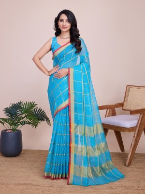 LEOSAGI Woven, Embellished, Striped Kota Doria Cotton Silk Saree(Light Blue)