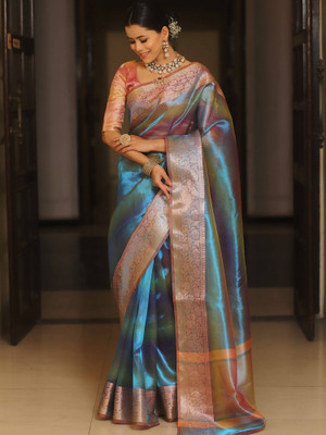 Sareemall Woven Bollywood Tissue Saree(Dark Blue)
