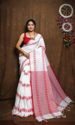 binita Self Design Handloom Cotton Blend Saree(White)