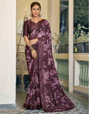 Satrani Floral Print, Printed, Embellished Bollywood Chiffon, Georgette Saree(Purple, Pink)