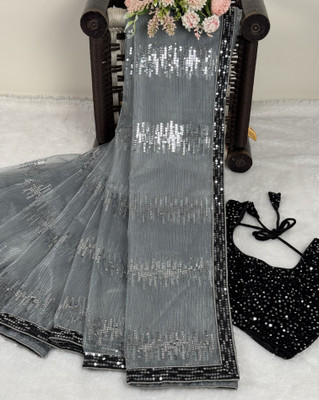 SROLY Embellished Bollywood Net Saree(Grey)