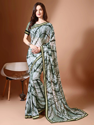 Leelavati Printed, Embellished, Embroidered Daily Wear Chiffon Saree(Grey, Green)