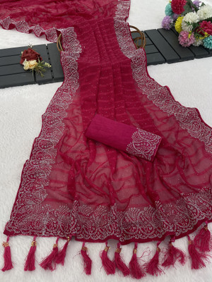 VEERAIVA Embellished Bollywood Chiffon Saree(Pink)