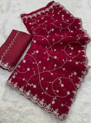 Zari and Ziba Embroidered Bollywood Chiffon Saree(Red)