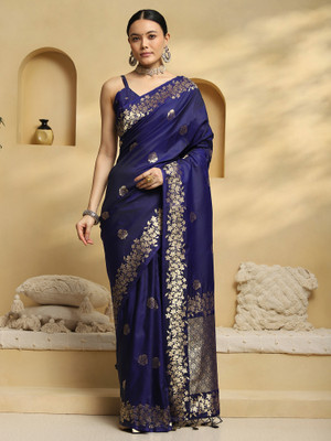Sareemall Printed Banarasi Silk Blend Saree(Blue)