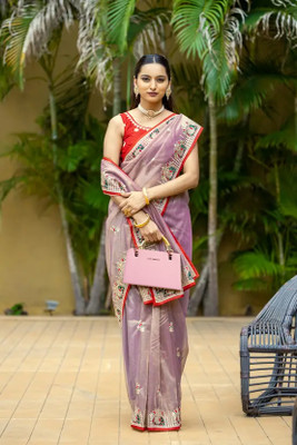 RamKrupa Creation Embroidered Bollywood Net Saree(Pink)