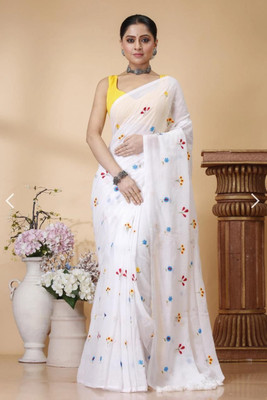 OSARIO Embroidered Handloom Pure Cotton Saree(White)