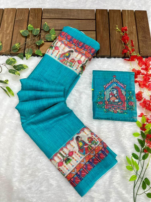 FULIYA SILK Digital Print Madhubani Linen Saree(Blue)