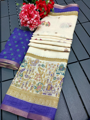 HouseOfCommon Floral Print Kanjivaram Linen, Cotton Linen Saree(Blue, White)