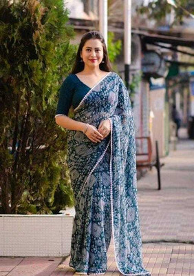 ZENFAB THREADS Printed Bollywood Georgette Saree(Blue)