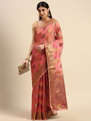 Blissta Floral Print Kanjivaram Organza Saree(Pink)