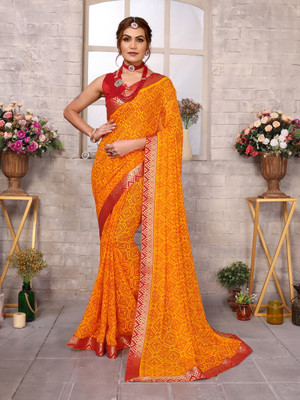 YASHIKA Printed Bollywood Georgette, Lace Saree(Yellow)