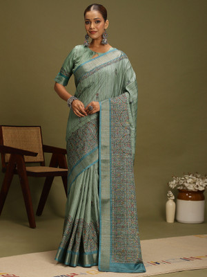 Sareemall Printed Hand Batik Satin, Silk Blend Saree(Light Blue)