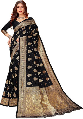 Madhuuram Fashion Woven Kanjivaram Jacquard, Pure Silk Saree(Black)