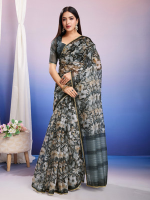 Tasrika Floral Print, Printed Bollywood Organza Saree(Black)