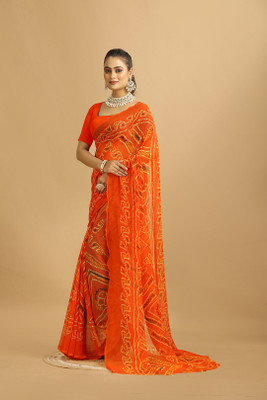 Damru trendz Digital Print Bandhani Georgette Saree(Orange)