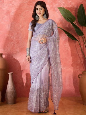 Sangria Embroidered Saree with Attached Blouse Net Saree(Purple)