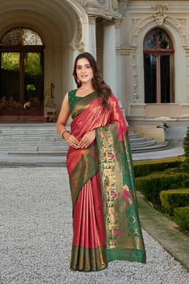 BAL KRISHNA SAREE Woven Banarasi Art Silk Saree(Green, Red)
