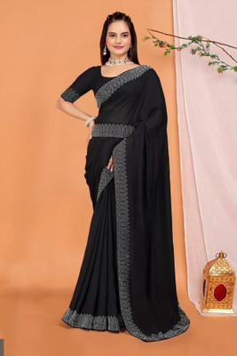 HouseOfCommon Solid/Plain Bollywood Georgette Saree(Black)