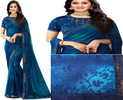 Classic Selection Printed, Self Design, Embellished, Floral Print, Solid/Plain Bollywood Georgette Saree(Blue)