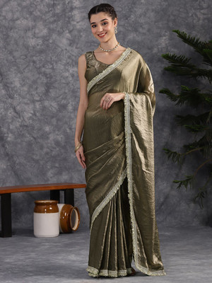JAINICA Solid/Plain Bollywood Tissue Saree(Grey)