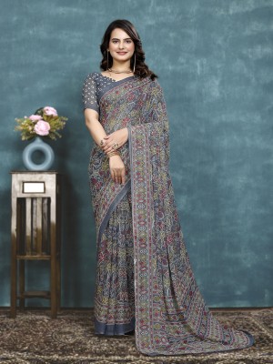 Kanooda Prints Floral Print Bollywood Georgette Saree(Grey)