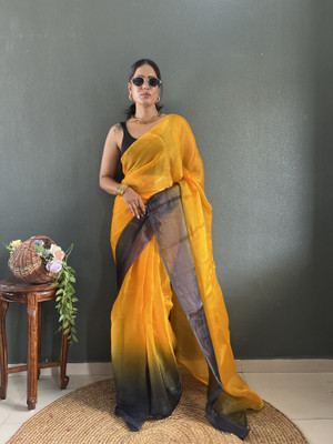 PANZORA Solid/Plain, Ombre Maheshwari Nylon Saree(Yellow, Black)