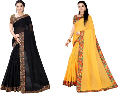 manish Printed Chanderi Cotton Blend Saree(Pack of 2, Black, Yellow)