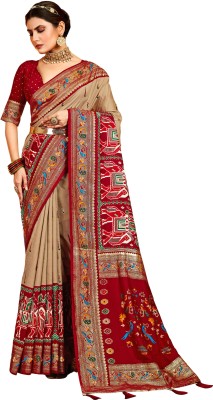 Akhilam Embroidered Patola Silk Blend Saree(Cream)