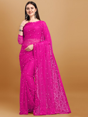 LOROFY Embellished Bollywood Net Saree(Pink)