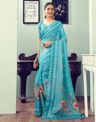 Divastri Floral Print, Printed Kota Doria Cotton Blend Saree(Blue, Multicolor)