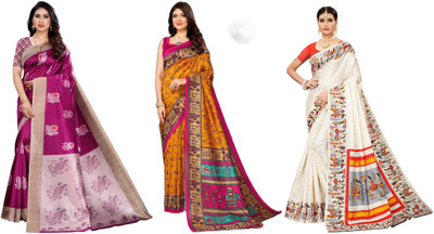 ANIRAV Printed Bollywood Art Silk Saree(Pack of 3, Purple, Yellow, Cream)
