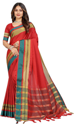 stylescope Solid/Plain, Color Block Bollywood Cotton Blend Saree(Red)