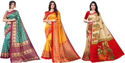 YASHIKA Woven Mysore Art Silk Saree(Pack of 3, Blue, Yellow, Beige)