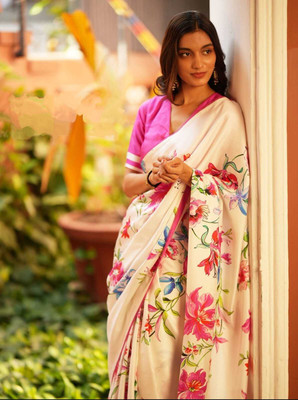STAVA CREATION Printed Bollywood Satin Saree(White)