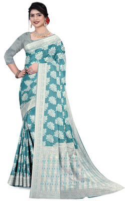 SURUCHI FASHION Printed Saree with Attached Blouse Cotton Blend Saree(Blue)