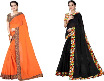 manish Solid/Plain Chanderi Cotton Blend Saree(Pack of 2, Black, Orange)