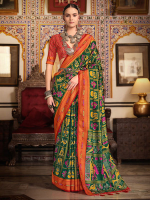 ANOUK Printed Patola Silk Blend Saree(Green)