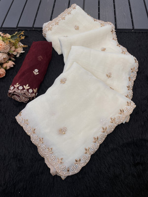 Elite Fashion Embroidered Bollywood Jimmy choo Saree(White, Maroon)