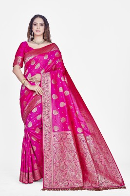 Aachari Embellished, Self Design, Floral Print, Woven, Applique Kanjivaram Jacquard, Pure Silk Saree(Pink)