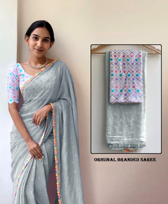 Riddhi textile Hub Printed Hand Batik Chiffon Saree(Grey)