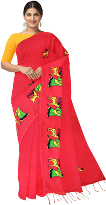 NihaRika Collections Embroidered Handloom Cotton Blend Saree(Red)