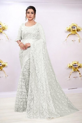 Nexxafashions Self Design Bollywood Net Saree(White)