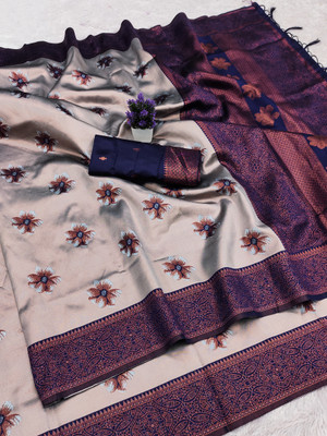 AVANTIKA FASHION Woven Kanjivaram Pure Silk, Art Silk Saree(Grey, Dark Blue)