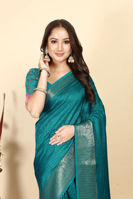 J6 Designers Self Design, Checkered, Printed Madhubani Cotton Silk Saree(Light Blue)