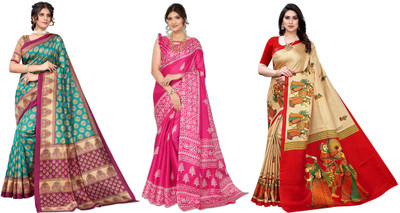 YASHIKA Printed, Woven Kasavu Art Silk Saree(Pack of 3, Blue, Pink, Beige)