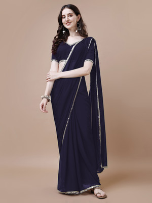 Rensa Solid/Plain, Self Design, Embellished Bollywood Georgette Saree(Dark Blue)